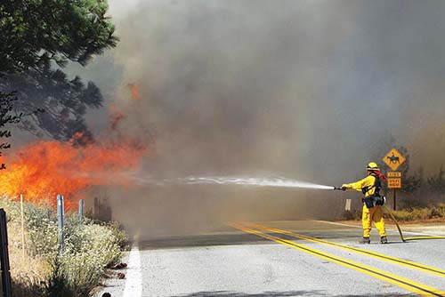 On Monday, July, 15 a firefighter is fighting the Mountain Fire on Highway 243.Photo by Jenny Kirchner