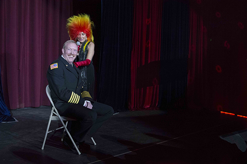 Idyllwild Fire Chief Patrick Reitz gets some personal attention from Sassy Ross at the Rustic Theatre’s New Year’s Eve Cabaret. The performers gave a special thank you to the firefighters and first responders involved in the Mountain Fire. Photo by John Pacheco