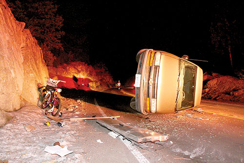 According to California Highway Patrol Officer Chris Blondon, a 1998 Gold S10 Chevy pickup truck crashed while traveling south on Highway 243 near Dead Man’s Curve in Pine Cove at about 4 a.m. Christmas, Dec. 25. When emergency crews arrived on scene, no one was in or around the truck, although it is registered to Shawn Gooch, 35, of Idyllwild. The truck was towed to Idyllwild Garage and the cause of the crash is still under investigation.    Photo by Jenny Kirchner