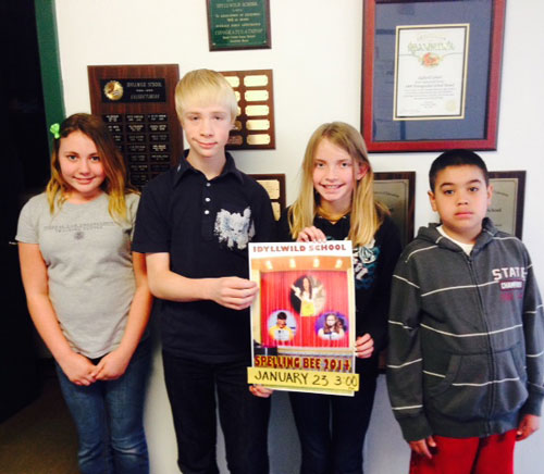 Idyllwild School hosted a Spelling Bee on Thursday, Jan. 23. The winners are (from left) Alexandra Wright, middle school second place; Joshua Gray, middle school first place, Madison Collis, elementary school first place and Bryan Jimenez, elementary school second place. Photo by Principal Matt Kraemer