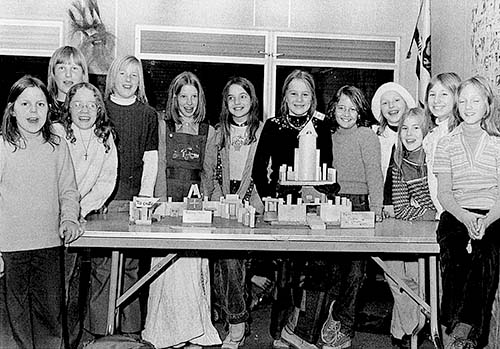 These Idyllwild School fifth- and sixth-grade girls took first place in Mrs. Joyce Hatfield’s Social Studies class project involving construction of a model city in January 1975. From left, they are Donna Duccini, Cynthia Peters, Lisa Peterson, Laura Thomas, Renee Grassi, Terry Leih, Heidi Jensen, Kristen Judson, Carol Barksdale, Brenda Haldber, Brenda Garcia and Sandra Allen.File photo