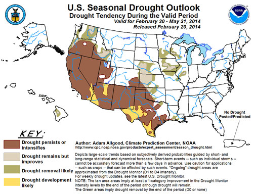 The National Weather Service is forecasting that the drought conditions will persist through spring despite the rain forecast for this weekend. Map courtesy of the National Weather Service