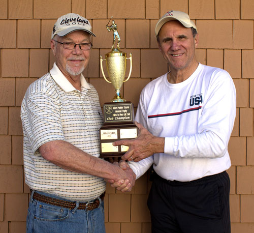 Recently, the Palms to Pines Golf Association established the Robert “Bobby” Stearns trophy to be awarded annually to the Club Champion.  Here, Pete Capparelli (right) presents the first trophy to Mike Feyder, the 2012-13 Club Champion.  Photo by Jim Crandall