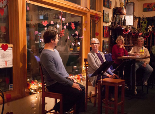 Jared Moore as Oedipus and Michele Marsh as Jocasta in Rich Orloff’s short play “Oedi” at Idyll Awhile Wine Shoppe and Bistro Thursday night. Isis Theatre Company performed the five-plays comedy, “It’s Complicated! A Laughable Look at Love,” in two seatings of wine and chocolate pairings for a Valentine’s Day celebration.  Photo by Peter Szabadi