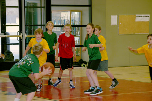 Each team a combination of two teams from the season, the Bullbolts defeated the BlueCeltics 17-10 in the grades four to six All Star Game Friday night. The Bulls are in red, the Lightning Bolts in yellow, the Blue Thunder in blue and the Celtics in green. From left, Joseph Tiso, Cody Fogle, Ben Tiso, Tobey Posey, Katelyn Sonnier and Killian Tschuor. Photo by Jay Pentrack