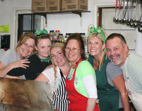 The American Legion celebrated St. Patrick’s Day early with a big feast and some good old Irish music played by Two Micks and A Chick Saturday night. Volunteers prepared 40 pounds of corned beef, 40 pounds each of potatoes, carrots and cabbage, and 35 loaves of soda bread. Chefs (from left) were Angie Hill, Emily Hill, Heather Rousseau, Laura Swanson, Amber Boothand Eric Richinger.Photo by Jay Pentrack