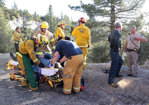 Shelby Deming, 58, of Banning, was traveling north on Highway 243 around 5 p.m. Saturday, March 15, when she lost control of her Silver Toyota FJ, plunging about 100 feet down an embankment near mile marker 10. The cause of the crash is unknown. According to California Highway Patrol Officer Ron Esparza, Deming didn’t know how she lost control. Idyllwild Fire transported Deming to San Gorgonio Medical Center with minor injuries.Photo by Jenny Kirchner