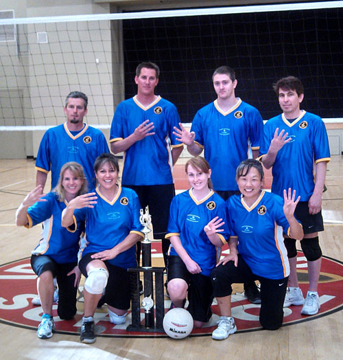 Above, Idyllwild Garage is the Town Hall Adult Coed  Volleyball champion. Back row, from left, Brennen Priefer, Kyle Owen, Cory Sumrall and Freddie Espinoza. Front row, from left, Kirsten Torrez, Maria Loutzenhiser, Kassie Ray and Janey Espinoza. Not shown are Art Torrez and Robert Haft.  Photo courtesy Ginger Dagnall