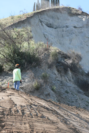 At right, a Caltrans geologist observes the side of the hill crumbling near Highway 74.  Photo by Jay Pentrack