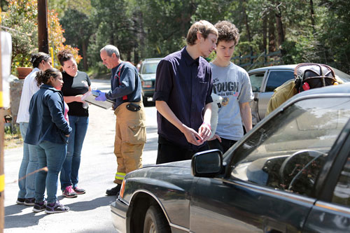 According to CHP Officer Chris Blondon, at about 11 a.m. Tuesday, Robert Miller, 23, (left) and Daniel Sheppard, 23, (right) both of Idyllwild, were traveling east on South Circle Drive in Miller’s 1987 Acura Legend. Diana Torrez, 41, of Idyllwild pulled out from Marion View Drive to cross South Circle onto Tahquitz Dr. in her 1999 Toyota Corolla. Torrez didn’t see Miller and Sheppard, and Miller was unable to stop when Torrez pulled out in front of him. No one was injured in the crash and no transport needed.        Photo by Jenny Kirchner