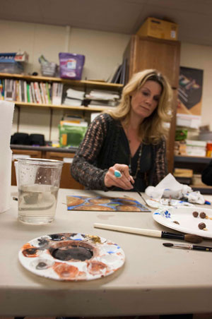On Saturday, Acorn Gallery owner Kirsten Ingbretson attended the Art Alliance of Idyllwild-sponsored art workshop taught by Gerry High, Artspresso gallery owner, held at Idyllwild School. Each participant went home with a finished masterpiece and learned how to apply some new materials and techniques.            Photo by John Pacheco