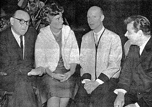 Governor and Mrs. Edmund G. Brown listen to Bob Balzer as he describes beauties of Idyllwild at Balzer’s Tirol restaurant in Pine Cove on Saturday evening, April 18, 1964. Ready to help was co-host Jim Willett (right). It was the governor’s first visit to Idyllwild. File photo 