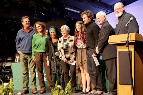 Doug Austin (right) along with Danny Richardson (second from right) and Suzi Capparelli (fifth from right) presented $1,000 from the Mary Austin Scholarship Fund to Julia Zacker and Dante Yardas (center) at Idyllwild Arts last week to help toward their college books next year. From left, parents of the recipients, Mark Yardas, Mara Schoner and Sheila Zacker. Photo by Jenny Kirchner 