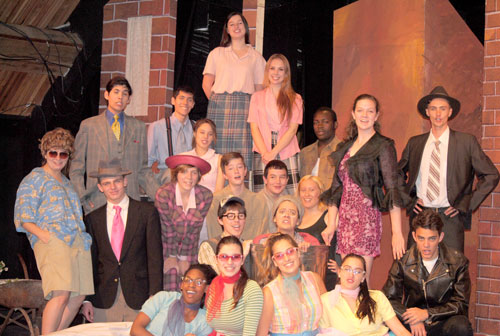 The cast of the Idyllwild Arts production of “Little Shop of Horrors.” Front row (from left) are Ashley Arnold, Grace Haggard, McCailey Contreras and Claire Frisinger. Second row (from left) are Lincoln Belford, Rosanna Lindmarker, Delaney Spangler and Dakota Shapiro. Third row (from left) are Hannah Osgood-McAuliff, Nicolas Amatullo, Roxanne Semans, Travis Flynt, Alina Pontius and Zen Ocean. Fourth row (from left) are Chad Jones, Christian Torrez, Celeste Oliva, Galen Patterson, Sofie Puchley and Javen Crosby.  Photo by J.P. Crumrine 