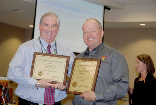 Hemet Unified School District Superintendent Dr. Barry Kayrell holds the Distinguished School plaque and Idyllwild School Principal Matt Kraemer holds the Title 1 Academic Achievement Award. This year, Idyllwild School earned both awards, the only school in HUSD to accomplish this feat. Photo by J.P. Crumrine 