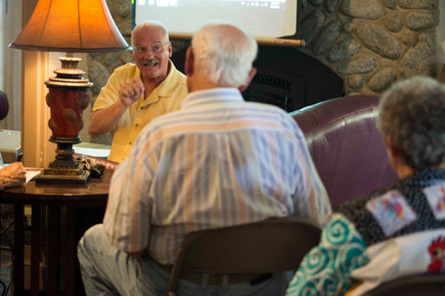 Keith Herron, a Riverside County preservation officer, spoke to property owners and the public about the Idyllwild Historic Preservation District and how it affects the town. The meeting was held at the Creekstone Inn on Sunday.  Photo by John Pacheco 