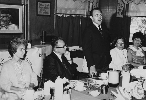 Idyllwild School staff welcomed the new principal at breakfast in June 1968 at the Chef in the Forest. From left, Emsy Dunn, outgoing president; Erwin Hagen, new principal; Dr. Robert Ferris, Hemet Unified School District superintendent; Mickey Regal, Town Crier reporter; and Martha Foster, teacher.                File photo 