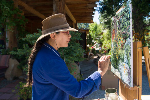 ARTISTS TAKE IT OUTSIDE: Eighteen Plein Air artists participated in the annual Art Alliance of Idyllwild’s Plein Air Festival over the weekend, coinciding Saturday with the Idyllwild Garden Club’s annual Garden Tour. Above, Rebecca Noelle was first place and co-winner of the People’s Choice award. Other winners were Toni Williams, second place; Joné Dupré,  third place; Jennifer Ali, honorary mention and Artist’s Choice award; Rachel Welch, honorary mention; and Karlis Dabols, co-winner of People’s Choice award.  Photo by Frazier Drake