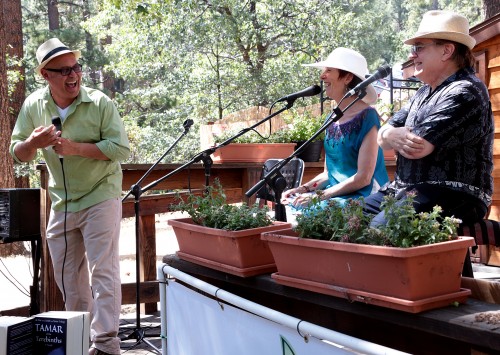 From left, Eduardo Santiago, Joy Sikorski and Michael Silversher at Cafe Aroma Sunday as part of the Idyllwild Author Series. Sikorski and Silversher are two local authors and musicians, speaking about their most recent book,“Tamar of the Terebinths.”  Photo by Jenny Kirchner 