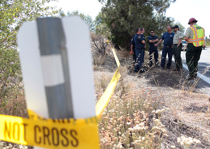 Above, Idyllwild Fire Protection District and the U.S. Forest Service responded on Highway 243 Saturday afternoon to a report of the smell of smoke. Once emergency personnel arrived they found a lighter and what appeared to be fireworks in the brush on the side of the road. The scene was quickly taped off and secured until investigators arrived. No further information was available.