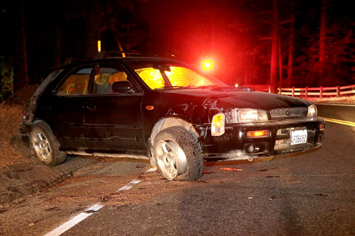 Chad Mills of Idyllwild crashed his Subaru Impreza around 11:45 p.m. Sunday on Highway 243 at Riverside County Playground Road blocking the northbound lane. According to witnesses, Mills and his three passengers left the scene on foot before authorities arrived. The cause of the crash in under investigation.                   Photo by Jenny Kirchner