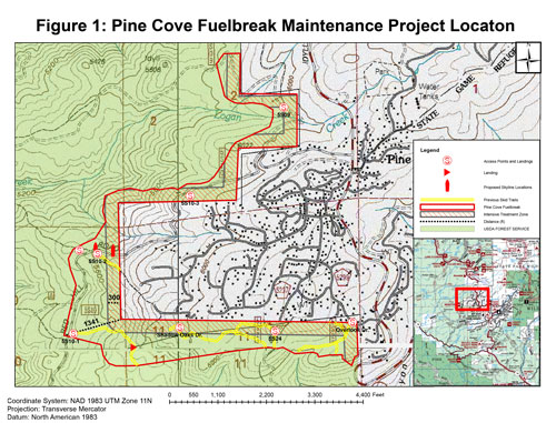 A map of the proposed work along the Pine Cove fuel break.             Map courtesy of U.S. Forest Service 