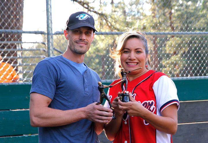 At left, Derek Ellingson is the male Player of the Year and Patti Perez is the female Player of the Year in Division 2. The Town Hall Adult Softball Division 2 awards were announced Monday evening before the first game of the Division 1 Championship Series. Photo by John Drake