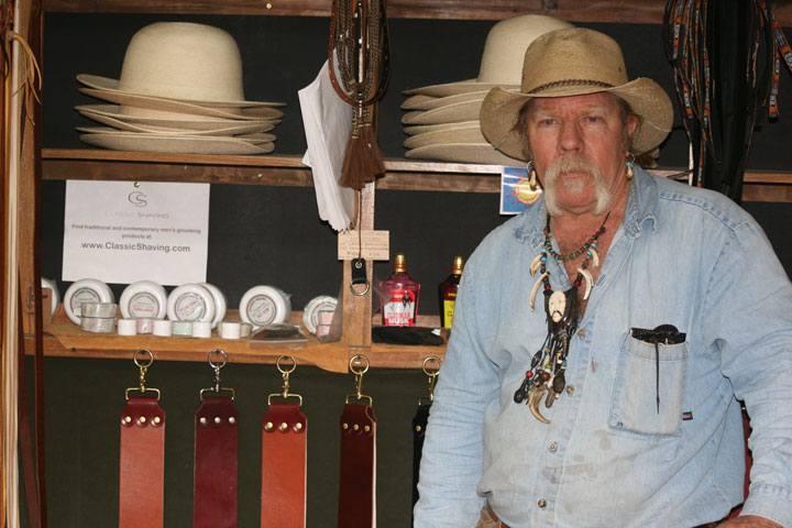 Mountain Mike’s Idyllwild store features custom leather work and repairs, moccasins, chaps, vests, sombreros, strops and more. His new line of cologne is also available.  Photo by Jay Pentrack 