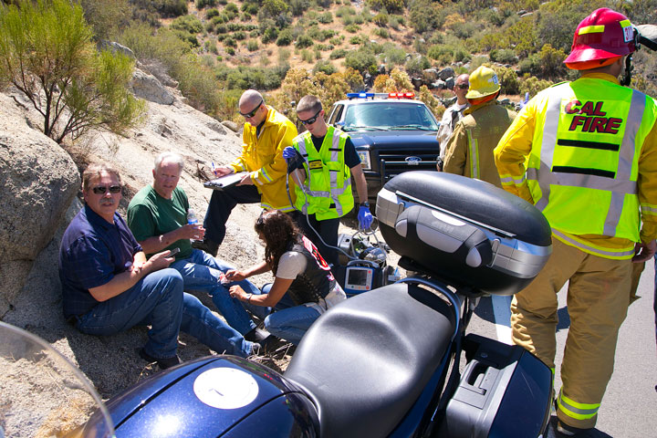 at about 11 a.m. Saturday, Aug. 9, Barry Brown of Riverside was traveling east on Highway 74 near mile marker 57.17 and riding a rented BMW motorcycle when he side swiped the guardrail on the south side of the highway. Riverside County Sheriff, California Highway Patrol, American Medical Response and Riverside County Fire responded to the scene. Brown had minor injuries to his knee and arm, but was not transported. Photo by Jenny Kirchner.