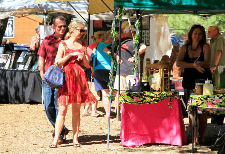 TREASURE HUNT: San Diego visitors Brian Tomkins and Elise Watson enjoy the artisan creations at the Art Alliance of Idyllwild Art Treasures fair this Saturday as part of their weekend plans to hike to Suicide Rock. Photo by John Drake 