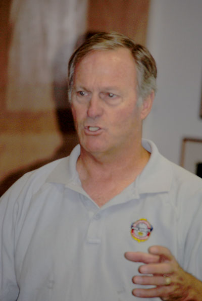 Dave Driscoll, former San Bernardino County fire chief, discusses a cohesive fire management strategy at last week’s Mountain Area Safety Taskforce meeting. Photo by J P Crumrine 