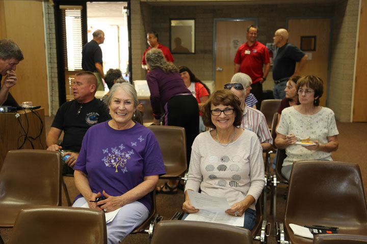 Pamela Fojtik and Edith Brix are just two of the 40 medical volunteers on the Hill. On Thursday, the Idyllwild volunteers for the Medical Reserve Corps met with Martin Baxter, medical volunteer program coordinator for Riverside County. Photo by Cheryl Basye 