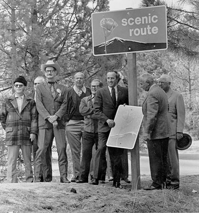 Prominent local and county figures at the dedication of the  new scenic highway (Highway 243) on March 27,1972. From left, Dick Barclay, Caltrans Maintenance Supervisor Ed Andros, Banning Chamber of Commerce Manager J.R. Finney, Ralph Roblee, Jim Snell, County Supervisor Norman Davis, Caltrans District Engineer R.E. Deffebach and Earl Cannon. File photo