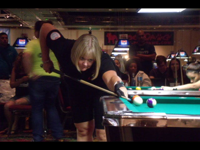 Louise Wood in Round 2 of the American Poolplayers Association National Team Championships on Aug. 14 in Las Vegas.  Photo courtesy Geri Peterson