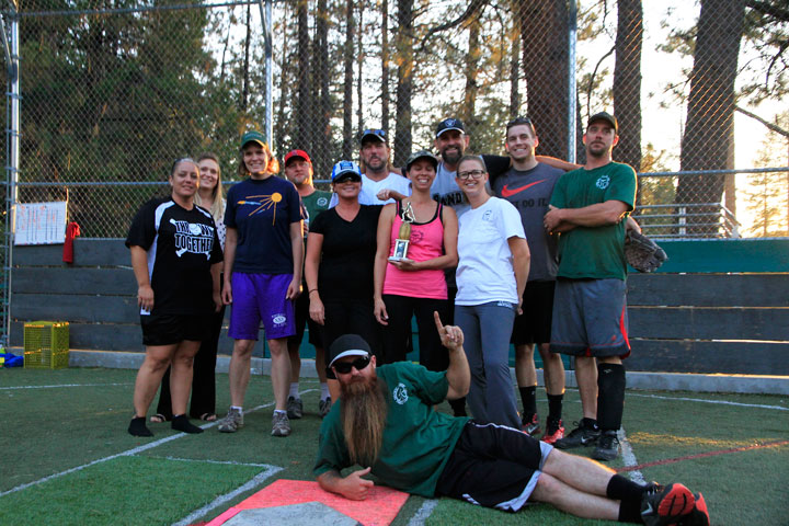 FIRST-TIME CHAMPS: Pacific Slope gets its first win in the Town Hall Adult Softball Division one playoffs. The team members (from left) are Becky Pierce, Claudia Posey, Teresa Garcia-Lande, Ryan Righetti, Julie Fogle, Lance Fogle, Danielle Whitney, Fred Crump, Shaunna Lehr, Mike Rose and Noah Whitney. In the front is Jody Posey. Not pictured are Justine Lehr, Matt McDonald and Amy Righetti. Pacific Slope was 18 and 0 for the season and beat Creekstone 12-10 for the championship.Photo by John Drake