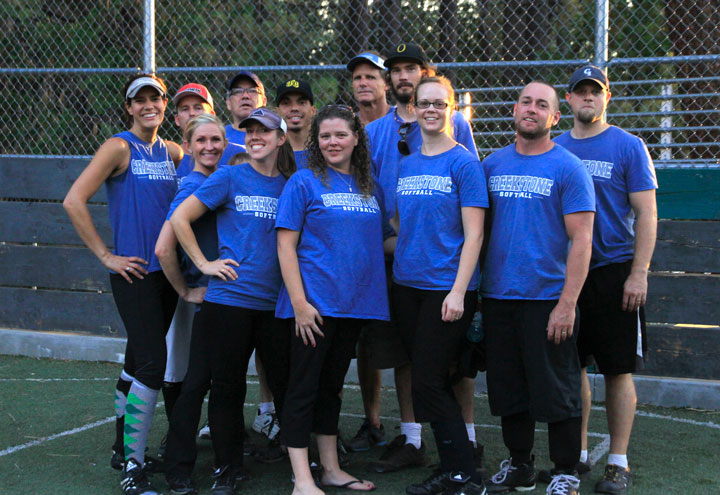 Members of the second-place Creekstone Inn softball team (in back, from left) are Dawn Sonnier, Brennen Priefer, Charlie Branscum, Mark Collis, Jeff Sherman and Jeremy Teeguarden; and standing (front row, from left) are Kristen Collis, Emily White, Rachel Teeguarden, Kelley Cochrane, Chris Cochrane and Jon Miller. Team members not pictured are Jessica Priefer, Jason Sonnier and Josh White.  Photo by John Drake