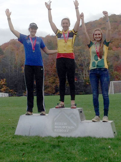 Emma Klingaman (right) of Idyllwild receives the overall third place in the Southeastern Collegiate Cycling Conference this year. In last weekend’s conference finals at the school she attends, Lees-McRae College in Banner Elk, North Carolina, she was sixth in the cross-country race, fifth in short-track race and won her first dual slalom race.   Photo by Michael Morton