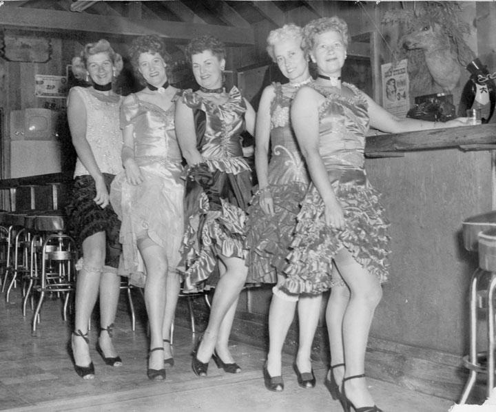 In 1949, a group of dancing girls celebrated Gold Rush Days, a Chamber of Commerce event, at the Fern Valley Lodge. From left, Pat Hair, Mrs. Pitt, Dorothy Michelsen, Bernice Doro and Eleanor Johnson.            File photo/Gary Squier