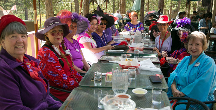 RED HATS: The Red Hat Society met at La Casita Wednesday for a Halloween lunch. Many ladies combined their purple and red with a costume.        Photo by Jenny Kirchner 