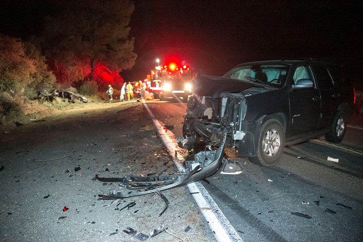 According to California Highway Patrol Officer Mike Murawski, at 8:15 p.m. Sunday,. Marcus Vaughan Prutt, 21, and Kennett Pritchard, 21, both Marines from Camp Pendleton, were traveling westbound on Highway 74 near mile marker 72.50 at 75 to 80 mph in Prutt’s 1994 Chevy Camaro. As Prutt pulled into eastbound traffic attempting to pass Frances Ostahowski, 52, of Anza, who also was traveling westbound in her 2004 Dodge Ram, he saw John Trevino, 55, of La Quinta traveling eastbound, with his wife and daughter, in his 2010 GMC Yucon. Prutt slammed on his brakes and attempted to swerve back into the westbound lanes, clipping and pushing the Ram off the highway. Prutt lost control and collided with Trevino head on. Prutt, Ostahowski and Trevino all suffered minor injuries and were treated at the scene, and not transported. Trevino’s wife and daughter suffered minor to moderate injuries. Idyllwild Fire Department transported them to Desert Regional Medical Center. Pritchard, who wasn’t wearing a seat belt, was ejected from the Camaro. Mercy Air airlifted him to Desert Regional Medical Center with major injuries. Photo by Jenny Kirchner