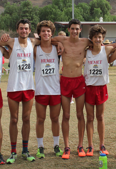 Four members of the 2014 Hemet High School cross-country team started their running in Idyllwild. Pictured here (from left) are Tanner Torrez, Chad Schelly, Jayden Emerson, all seniors, and sophomore Micah Hitchcock.   Photo by Jessica Priefer 