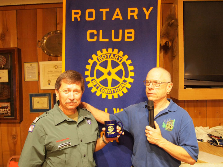 Idyllwild Rotary President-elect Chuck Weisbart (right) thanks Boy Scouts of America Camping Specialist Mike McCarty (left) for speaking at the samemeeting held at American Legion Post 800. McCarty discussed the history of the Emerson Boseker Scout Reservation, the current condition of the camp and environmental changes taking place due to the current drought. Photo by Nathan DePetris