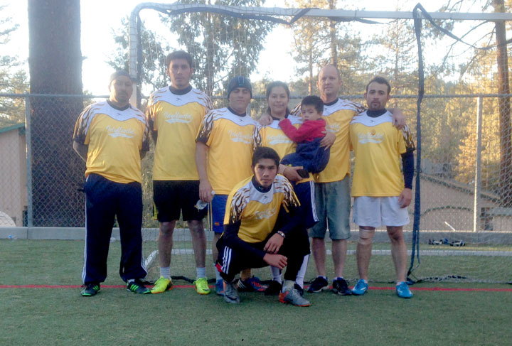 CHAMPS: Sunday, in a hard-fought championship game for the first season of adult soccer in Idyllwild, team Arriba came from behind 3-2 to win 5-3 in the highly competitive contest with Lumber Mill. The highlights of the game were the two header goals from Javier Castro to make the difference. Earlier in the day, Cafe Aroma finished third and La Casita finished fourth. Arriba, the Town Hall Adult Soccer champions, are, back row, from left, Mardyn Rodriguez, Javier Castro, Hector Cerritos, Candida Castro and her son, Matt McDonald and Francisco Peña. In front, Nelson Castro. Not shown: Ryan Righetti (Oso Blanco).        Photo courtesy Mari Trujillo 
