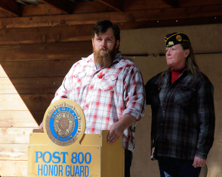 Marine Veteran Paul White, above, speaks to attendees during the American Legion Post 800’s Veterans Day Remembrance event on Tuesday, Nov. 11. Photo by John Drake