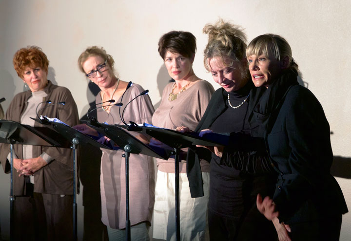 CALENDAR GIRLS: Idyllwild’s Stratford Players presented Tim Firth’s “Calendar Girls” this past weekend and the weekend before at the Caine Learning Center. From left, Barbara Rayliss, Christine Hunt, Meg Wolf, Virginia Lumb and Alisa Schulz.     Photo by John Drake