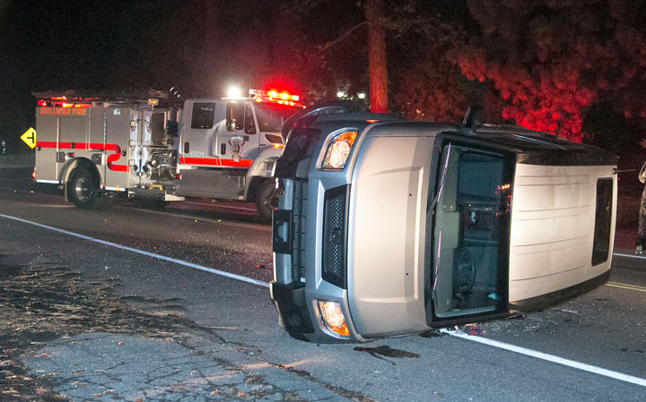 According to California Highway Patrol Officer Mike Murawski, Glenda Bloom Ackley, 57, of Idyllwild was traveling southbound on Highway 243 near Idyllwild Pines when she flipped her 2006 Honda Element about 12:30 a.m. Saturday. The highway was closed in both directions for almost two hours while the scene was cleared. Ackley was uninjured, but was arrested for driving under the influence.          Photo by Jenny Kirchner 