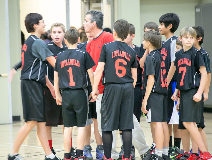 Coach Brennan Priefer gives the Idyllwild Middle School boys basketball team some guidance during a game against San Jacinto last Wednesday.  Photo by Jenny Kirchner 