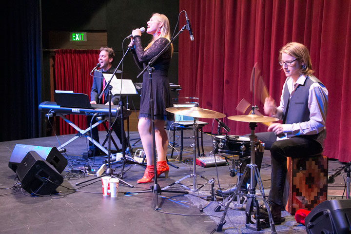 The Hollywood-based acoustic pop/soul band Ebb & Flow performed original and classic holiday music at the Rustic Theatre Saturday afternoon. Members of the group are (from left) Morten Kier, vocals and piano, Gabby Gordon, vocals, and Ronen Gordon, drums. Photo by Jenny Kirchner