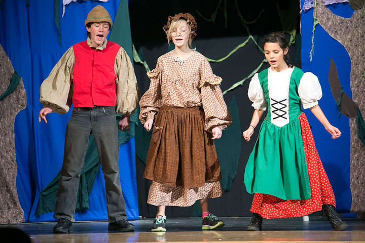 Hansel and Gretel: Above, last week, the Missoula Children’s Theater returned to Idyllwild School to produce “Hansel and Gretel.” In this scene, student actors are (from left) Kolten Berg as Hansel, Lainie Wilke as Granny and Grace McKimson as Gretel. Photo by Jenny Kirchner