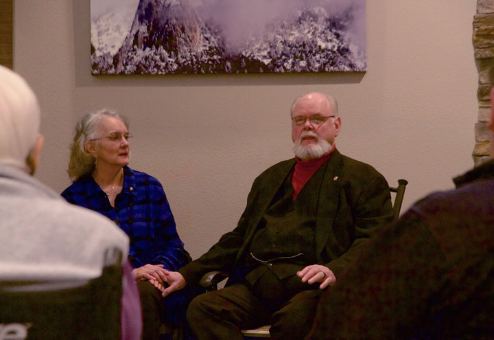 STROKE RECOVERY: Doug Austin (right), accompanied by wife Pat (left), catches himself for a moment as he recalls the seven months he was unable to speak following a stroke. Austin spoke eloquently to the gathering at the Caine Learning Center about how stroke changed his life and the long road to recover his health. Photo by John Drake